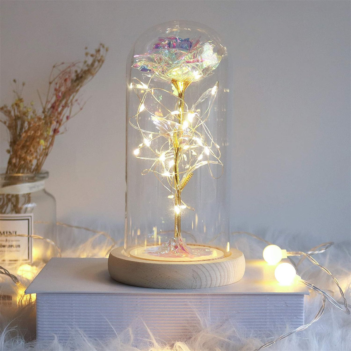 Artificial Rose in a Glass Dome with Led Lights