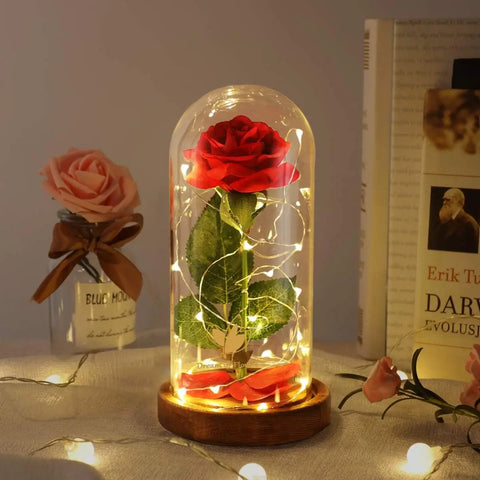 Artificial Rose in a Glass Dome with Led Lights