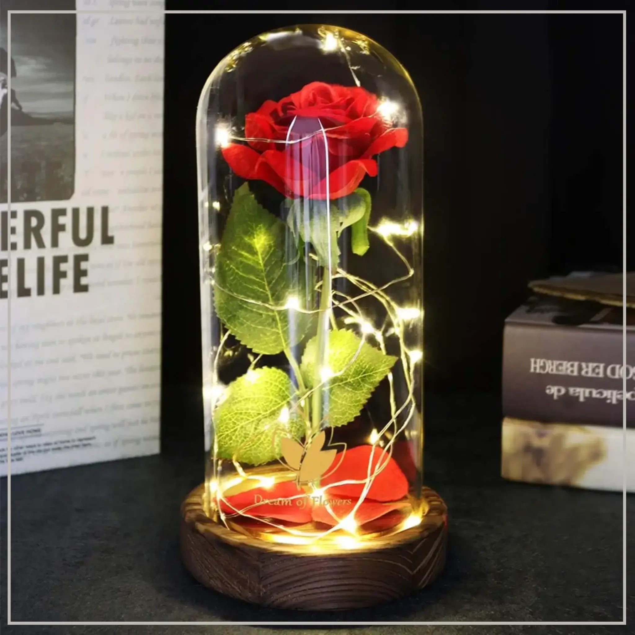 Artificial Rose in a Glass Dome with Led Lights